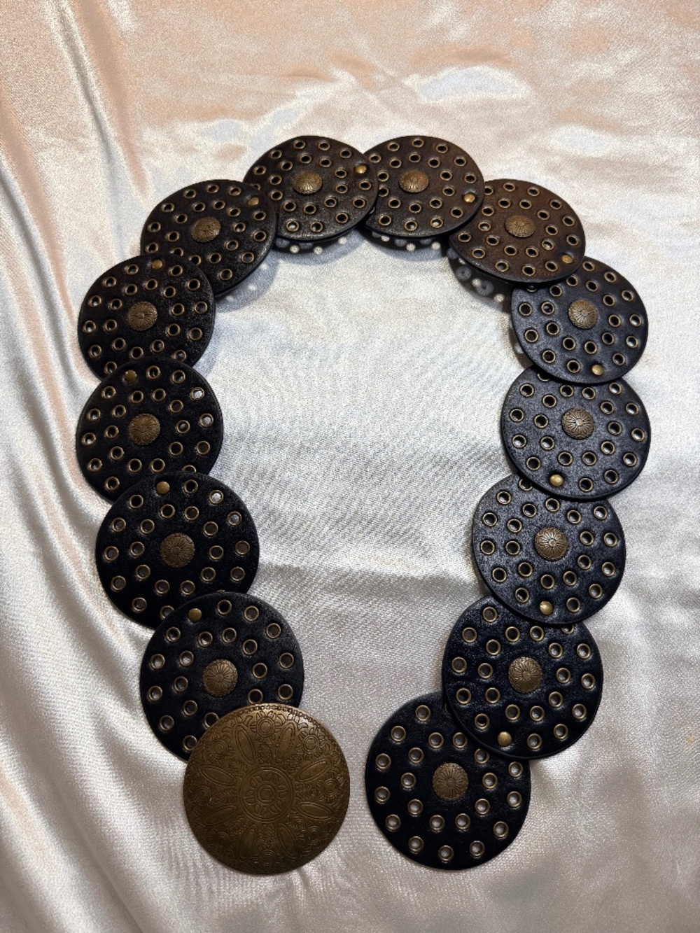 Vintage Y2K Black Disc Concho Belt Brass Grommets Boho Western Statement Belt